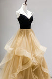 Black Straps V-Neck Layers Tulle Long Party Dresses, Glam Prom Dresses HZ1024