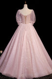 Pink V-Neck Tulle Long Prom Dress, A-Line Short Sleeves Evening Dress HZ1024