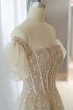A-Line Tulle Beaded Long Prom Dress, Champagne Short Sleeve Evening Dress HZ1024