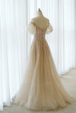 A-Line Tulle Beaded Long Prom Dress, Champagne Short Sleeve Evening Dress HZ1024