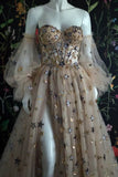 Champagne Tulle Long Prom Dress, Off the Shoulder Evening Dress with Stars HZ1024