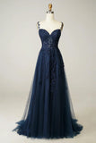 Navy Tulle and Lace Long Prom Dress, Lovely Spaghetti Strap Evening Dress HZ1024
