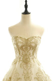 Long Champagne Strapless Tulle Lace Prom Dress, A-Line Evening Dress with Train HZ1024