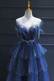 Blue Tulle Beaded Long Senior Prom Dress, A-Line Blue Formal Dress HZ1024