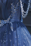 Blue Tulle Beaded Long Senior Prom Dress, A-Line Blue Formal Dress HZ1024