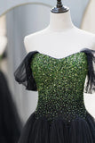 Black Tulle Long A-Line Prom Dress, Black Evening Dress with Green Beaded HZ1024
