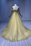 Green Tulle Long A-Line Prom Dress, Off the Shoulder Evening Party Dress HZ1024