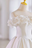 White Satin Long Ball Gown, A-Line Flower Wedding Gown with Bow HZ1024