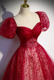 Burgndy Tulle Short Sleeve Formal Evening Dress, A-Line Long Prom Dress HZ1024