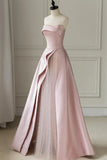 Pink Strapless Satin Floor Length Prom Dress, A-Line Formal Evening Dress HZ1024