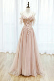 Pink Tulle Lace Long A-Line Prom Dress, Spaghetti Strap Formal Evening Dress HZ1024