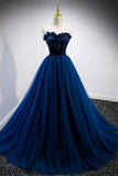 Blue Velvet Tulle Long Prom Dresses, A-Line Strapless Evening Dresses HZ1024