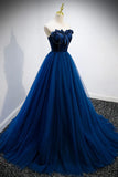 Blue Velvet Tulle Long Prom Dresses, A-Line Strapless Evening Dresses HZ1024