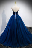 Blue Velvet Tulle Long Prom Dresses, A-Line Strapless Evening Dresses HZ1024