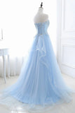 Blue Strapless Tulle Lace Long A-Line Prom Dress, Blue Evening Dress HZ1024
