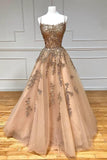 A-Line Spaghetti Straps Lace Long Prom Dress, Lace Evening Dress HZ1024