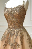 A-Line Spaghetti Straps Lace Long Prom Dress, Lace Evening Dress HZ1024