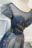 Blue Scoop Neckline Tulle Long Prom Dress, A-Line Evening Dress HZ1024