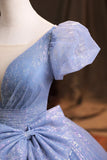 Blue Tulle Sequins Long Prom Dress, A-Line Evening Gown with Bow HZ1024