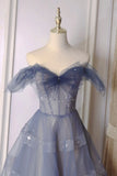 A-Line Off Shoulder Layers Tulle Long Evening Dress, Blue Formal Dress HZ1024