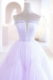Purple Strapless Tulle Long Formal Gown, Purple A-Line Evening Dress HZ1024