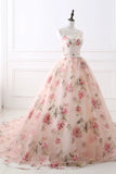Pink Floral Pattern Lace Long Prom Dress, A-Line Formal Dress HZ1024