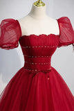 Red Beaded Tulle A-Line Long Formal Dress, Red Prom Dress HZ1024