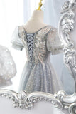 Gray Tulle Lace Long Party Dress, A-Line Evening Dress HZ1024