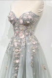 Gray Strapless Lace Long A Line Prom Gown, Graduation Dress HZ1024