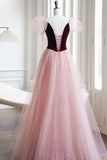 Burgundy Velvet and Pink Tulle Long A-Line Prom Dress, Lovely Party Dress HZ1024