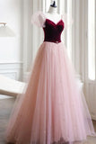 Burgundy Velvet and Pink Tulle Long A-Line Prom Dress, Lovely Party Dress HZ1024