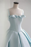 Blue Satin Long A-Line Ball Gown, Blue Evening Gown with Train HZ1024