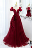 A-Line Satin Tulle Long Prom Dresses, Burgundy Evening Dresses HZ1024