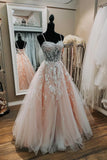 Pink Sweetheart Neck Lace Long Prom Dresses, A-Line Formal Dresses HZ1024