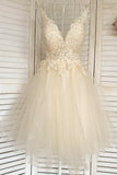 Champagne V-Neck Lace Short Prom Dresses, A-Line Mini Party Dresses HZ1024