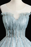 Blue Tulle Sequins Long Prom Dresses, A-Line Evening Dresses HZ1024