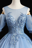 Blue Lace Long A-Line Prom Dresses, Blue Evening Dresses HZ1024
