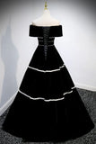 Black Velvet Long Prom Dresses, A-Line Off the Shoulder Evening Dresses HZ1024
