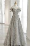 Grey Tulle Sequins Long A-Line Prom Dresses, Off the Shoulder Evening Dresses HZ1024