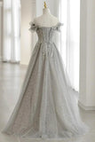 Grey Tulle Sequins Long A-Line Prom Dresses, Off the Shoulder Evening Dresses HZ1024