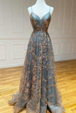 Grey Tulle Sequins Long Prom Dresses, A-Line Spaghetti Straps Evening Dresses HZ1024