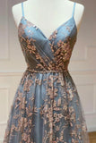 Grey Tulle Sequins Long Prom Dresses, A-Line Spaghetti Straps Evening Dresses HZ1024