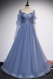 Blue Tulle Beading Long Prom Dresses, A-Line Formal Evening Dresses HZ1024