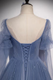 Blue Tulle Beading Long Prom Dresses, A-Line Formal Evening Dresses HZ1024