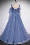 Blue Tulle Beading Long Prom Dresses, A-Line Formal Evening Dresses HZ1024