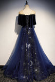 Elegant Navy Blue Applique Velvet Tulle Vintage A-Line Long Prom Dress Evening Dress HZ1024