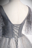 Grey V-Neck Tulle Long Prom Dresses, A-Line Evening Dresses HZ1024