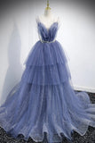 Blue Layers Tulle Long Prom Dresses, A-Line Spaghetti Straps Evening Dresses HZ1024