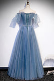 Blue Tulle Beading Long Prom Dresses, A-Line Evening Party Dresses HZ1024