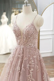 Previous Next Pink Tulle Lace Long Prom Dresses, A-line Spaghetti Strap Evening Dresses HZ1024